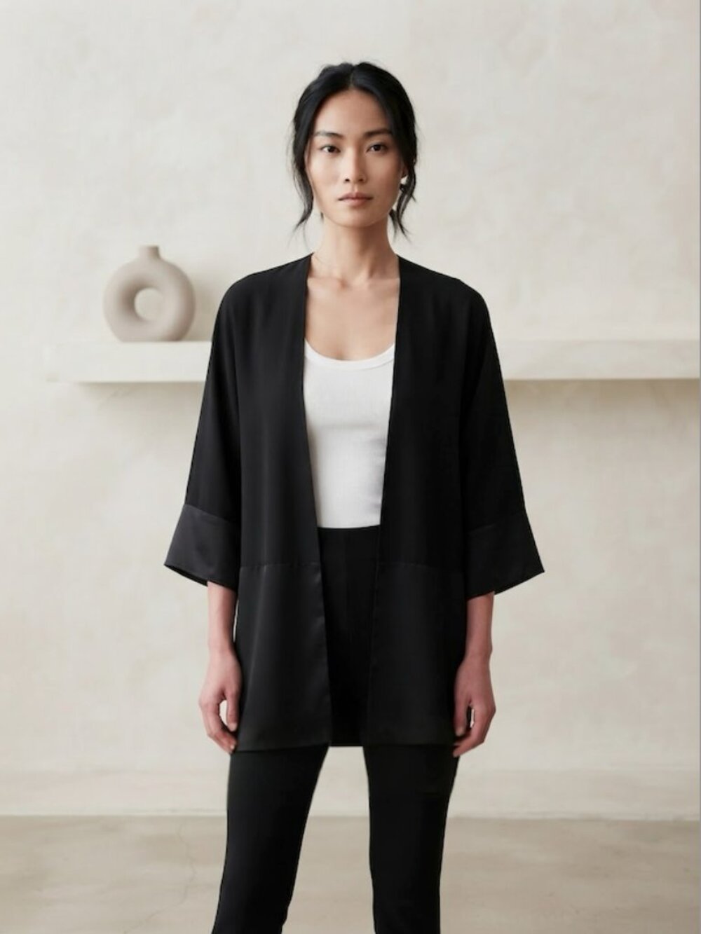 Forever 21 Contemporary Kimono Cardigan Open Front Satin Trim Black Size M